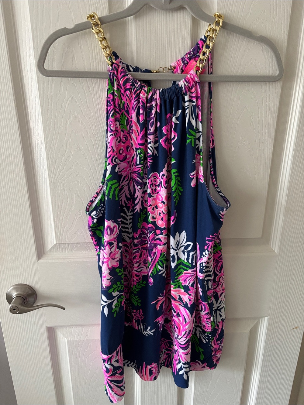 Lilly Pulitzer Floral Halter Tank Top with Gold Chain Straps - Navy & Pink